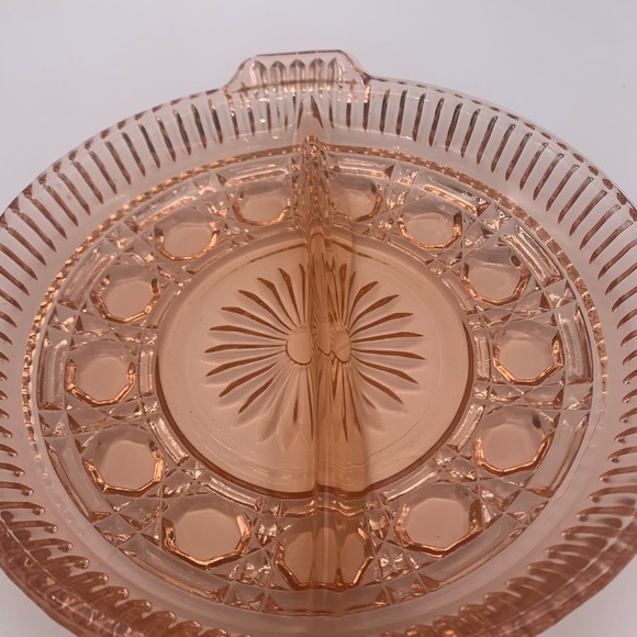 Vtg. Starburst Windsor Pink Depression 2 Part Divided Relish Tray With Handles - Picture 9 of 15